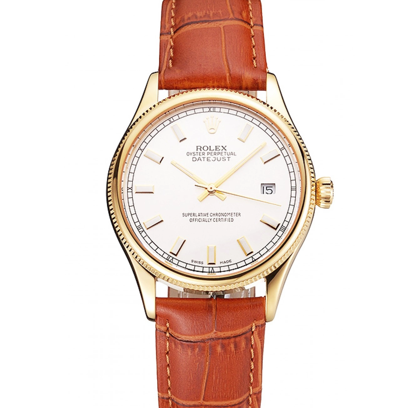 Aaa fake watches Dial Brown Rolex Swiss Strap Gold Case Light Datejust White Leather 0630
